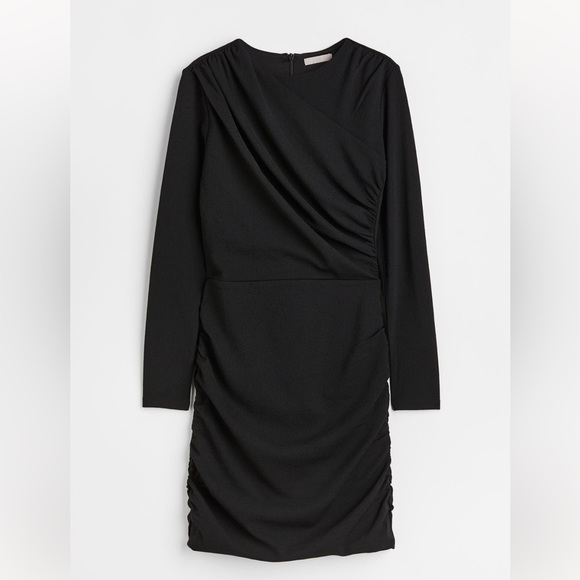 draped bodycon dress h&m Black Long Sleeve Ruched Bardot Mini Dress | Dresses